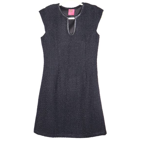 JULIETTE LONGUET Cap Sleeve Tweed Sheath Dress Leather Trim Black Women's 4 - Picture 1 of 11